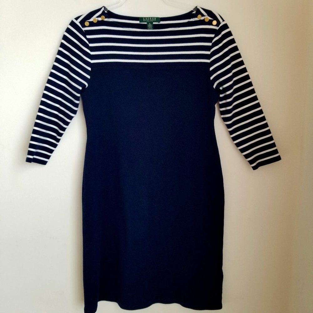 Lauren Ralph Lauren Size Large Nautical Striped Boatneck Midi Dress Office Work